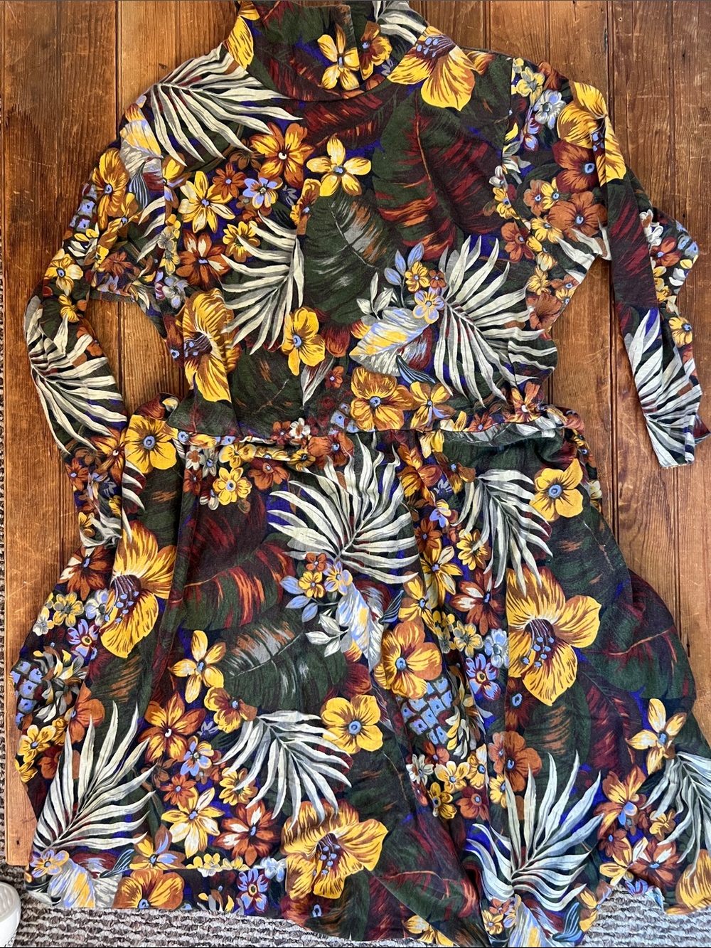 Vintage 80s Floral Midi Dress long sleeve high neck shoulder pads fit flare
